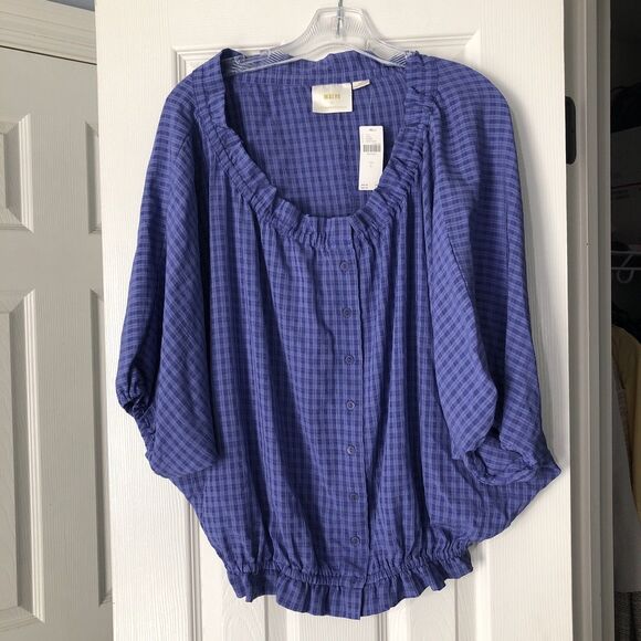 Maeve By Anthropologie Womens Blue Short Sleeve Off Shoulder Blouse Large NWT - Picture 1 of 9